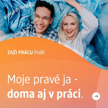 Dvaja usmievajúci sa ľudia pred modrým textilným pozadím so slovenským textom o sebavyjadrení doma a v práci. Obsahuje hashtagy a výzvu na akciu.