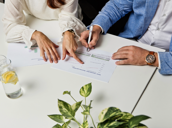 Dvaja ľudia prezerajú dokumenty s grafmi pri stole. Vedľa nich je pohár s citrónovou vodou a kvetináč s rastlinou.